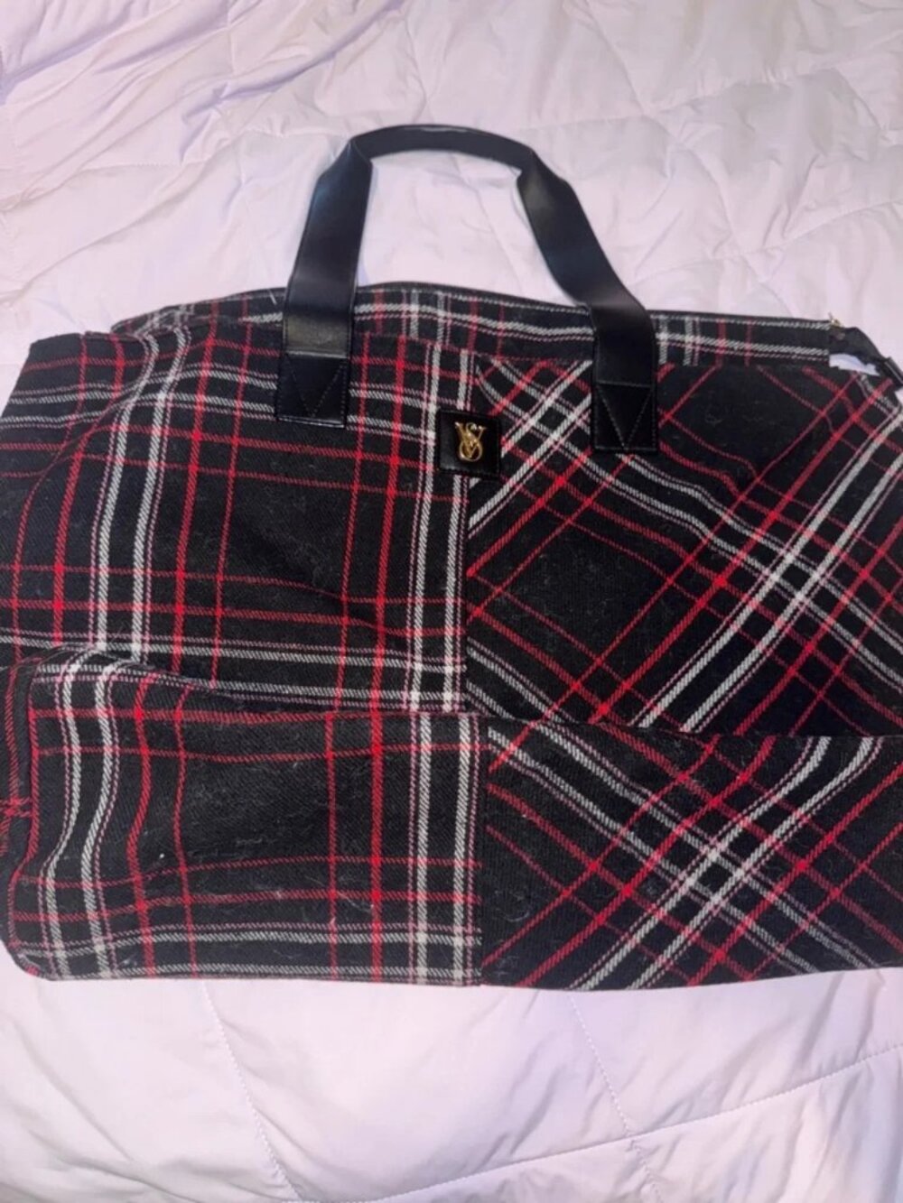 [BOGO] NWT Victoria's Secret Red and Black Plaid Tote Bag w/ Leather Straps - Picture 4 of 7